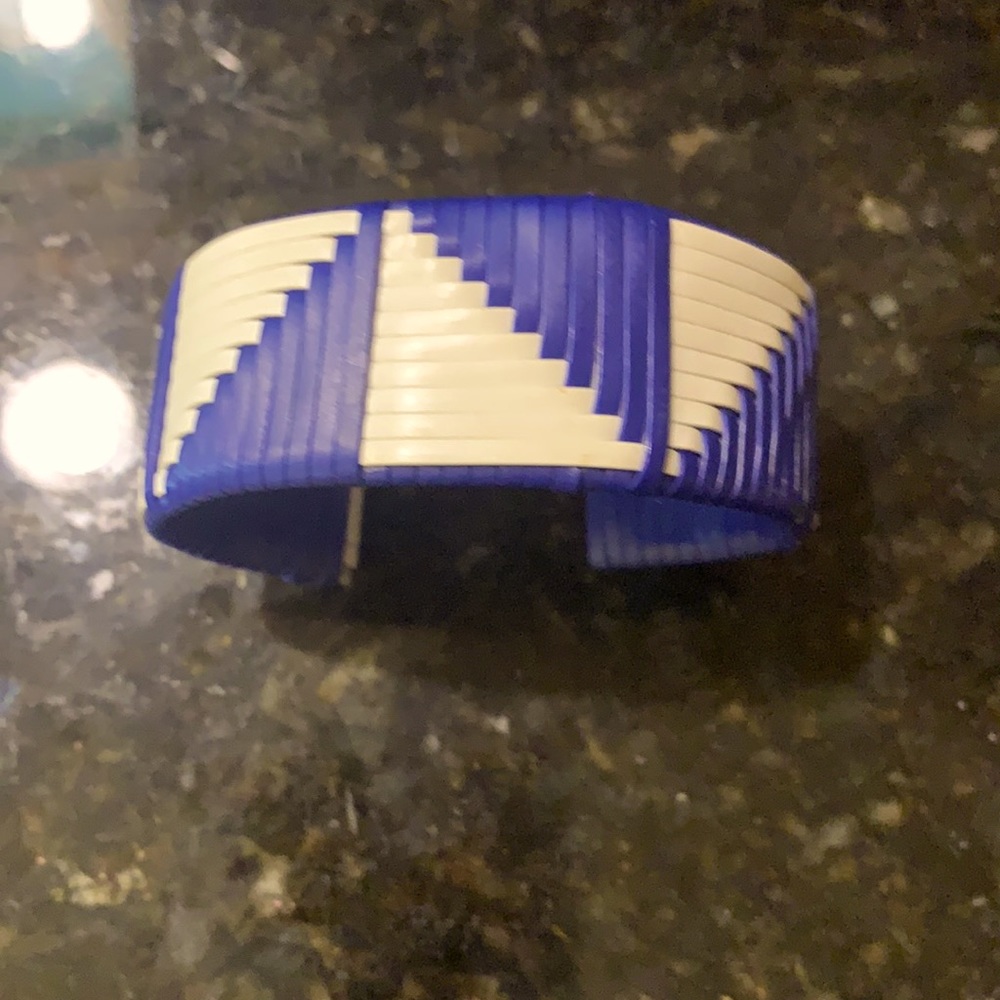 Blue and white leather wrapped cuff bracelet